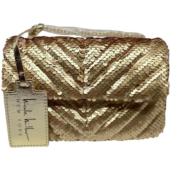 NICOLE MILLER Metallic Gold Sequin Evening Bag Purse Handbag Chain Strap NWT $50 - Picture 1 of 8